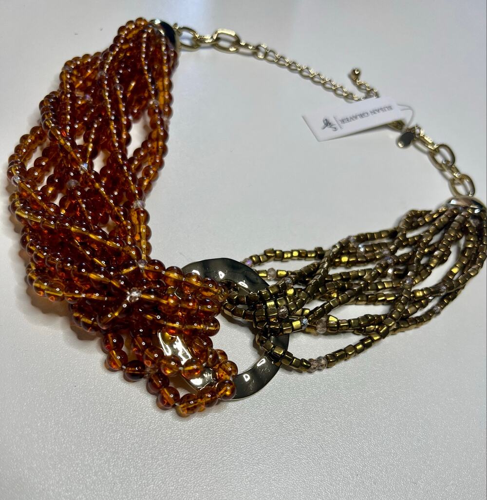 Susan Garver Statement Beaded Fashion Necklace Brown & Gold NWT